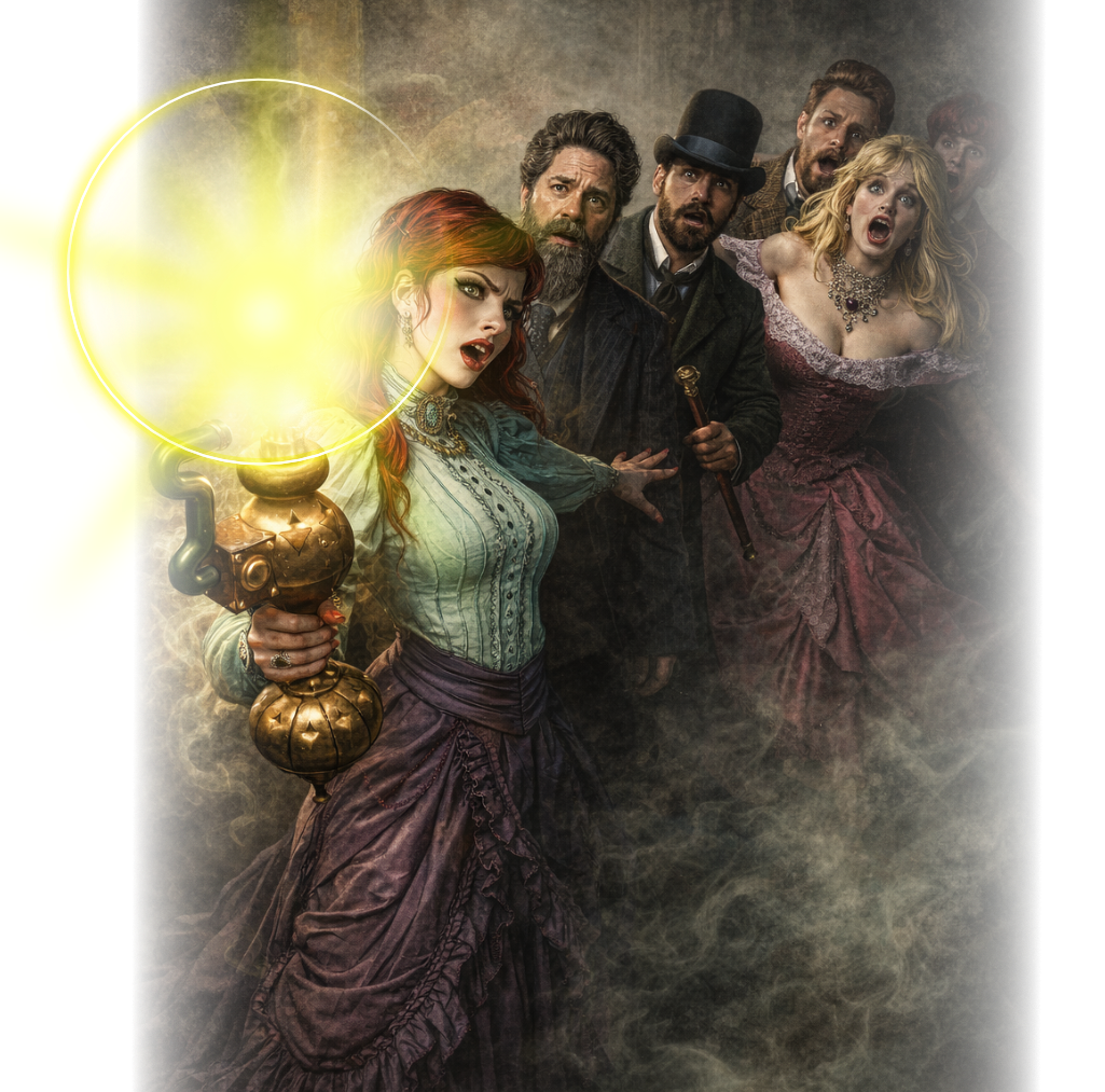 Horror in the Library characters with glowing lamp