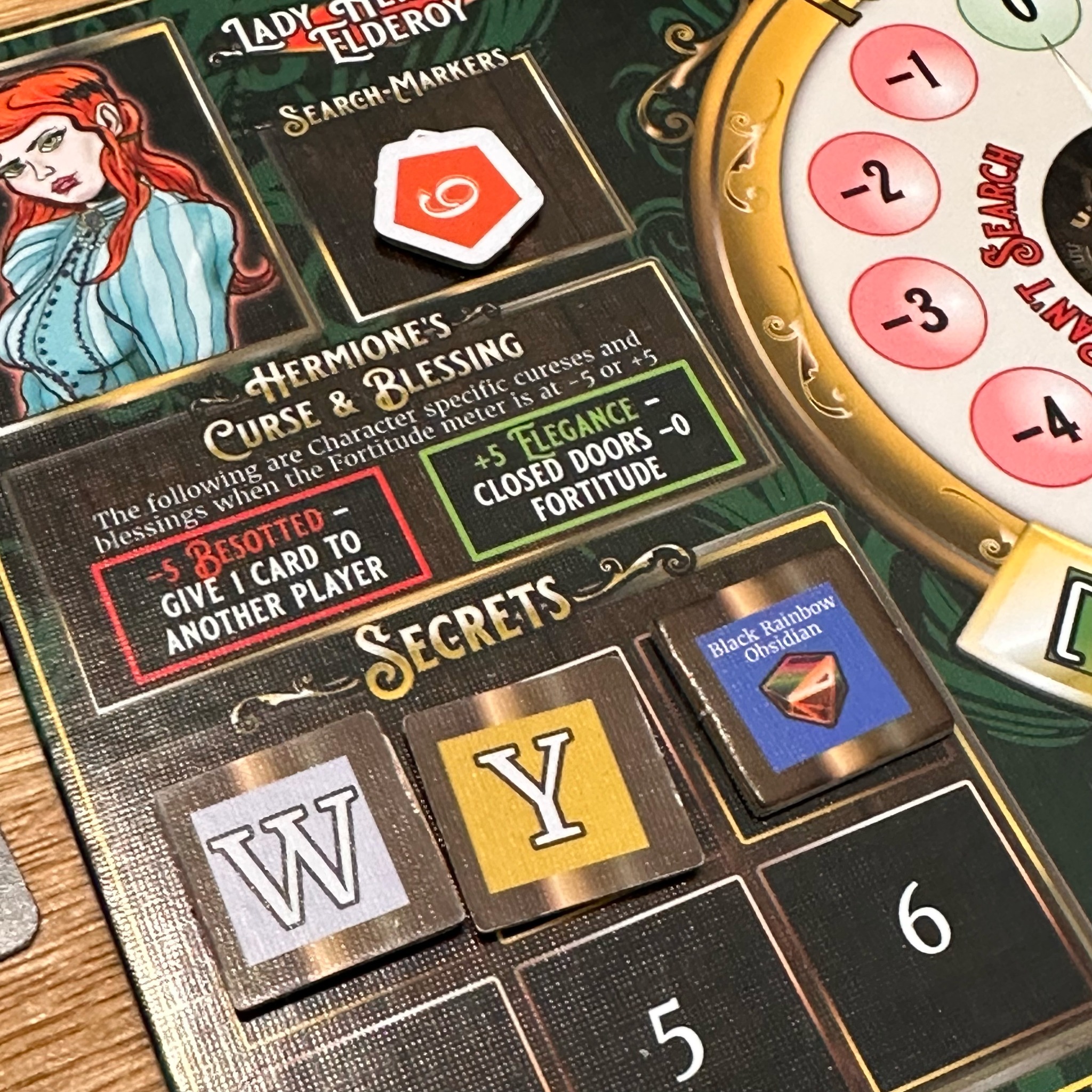 Player board details showing blessings, curses and secrets