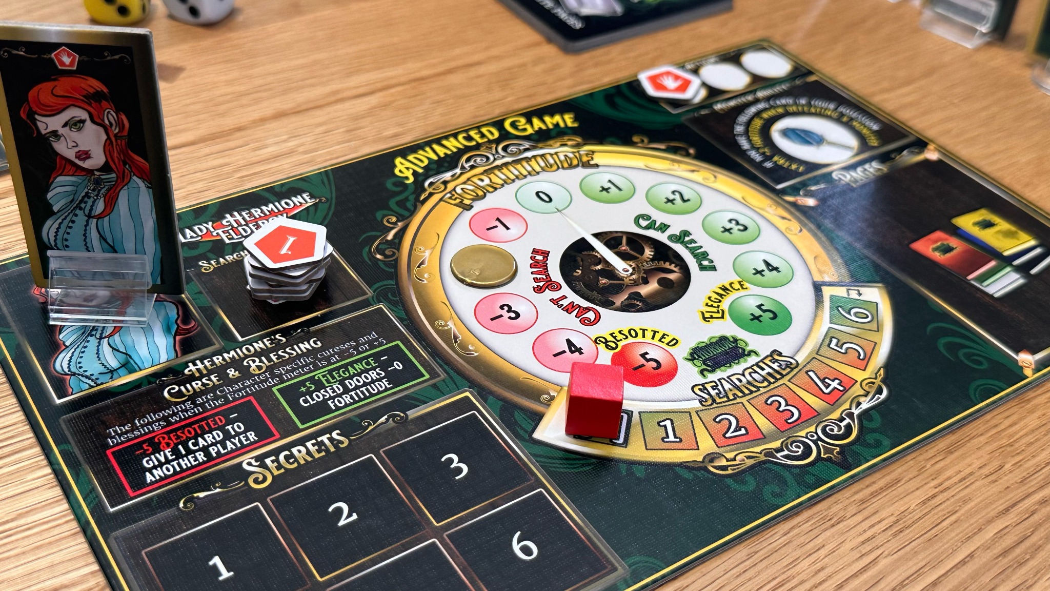 Horror in the Library player board and Fortitude dial